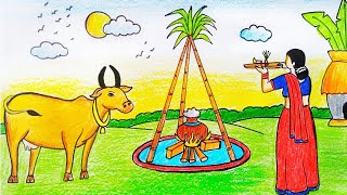 Pongal Festival DrawingHow To Draw Pongal Cow And Pot For BeginnersSankranti Drawing step by step [upl. by Dudley]