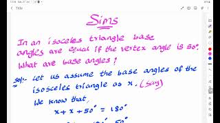 In an isoceles triangle base angles are equal if the vertex angle is 50° what are base angles [upl. by Olimac]