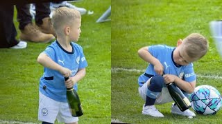 Phil Fodens son Ronnie trying to open a Champagne bottle  Man City Celebrations [upl. by Yralam777]