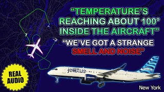 100 degrees in the aircraft strange smell and noise JetBlue A220 diverts to JFK Real ATC [upl. by Nylevol]