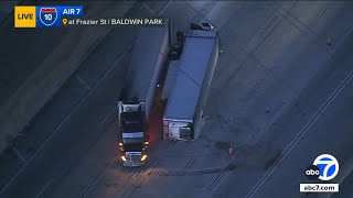 Overturned big rig shuts down EB lanes of 10 Fwy in Baldwin Park [upl. by Sinylg]