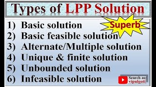 Types of solution in LPPBasicMultiple solutionUnboundedInfeasibleGTUSpecial case of LP problem [upl. by Harol]