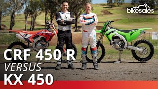 Honda CRF450R v Kawasaki KX450 2023 Comparison [upl. by Etessil145]