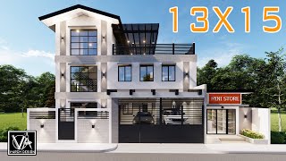 13X15 METERS 3 STOREY HOUSE DESIGN WITH STORE  4 BEDROOMS [upl. by Ilojna]