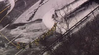 Chopper 3 Fire officials extinguish tanker fire on PA Turnpike in Worcester Township [upl. by Kori]