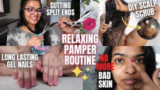 Relaxing WEEKLY Pamper Routine 2021  DIY Salt Scrub Cutting Split Ends Gel Nails Chemical Peel [upl. by Ahsilahs]