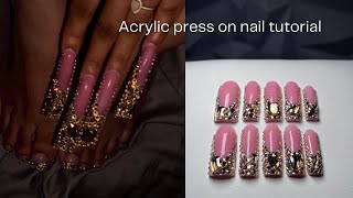 Acrylic press on nail tutorial 💎 gold rinestone nail art step by step acrylic application [upl. by Agnola]