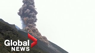 Stromboli volcano erupts in quothighintensityquot explosion spewing lava and ash [upl. by Vick244]