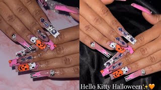 HELLO KITTY HALLOWEEN NAILS  ACRYLIC NAIL TUTORIAL  HALLOWEEN NAIL ART 🩷🩷 [upl. by Lorenz]