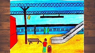 How to draw the scene of railway station easy step by step Oil pastel drawing of railway station [upl. by Rasaec]