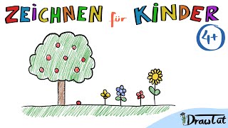 Baum auf einer Wiese mit Blumen Zeichnen  Tobis Malschule  4  Zeichnen lernen für Kinder [upl. by Laehcor]