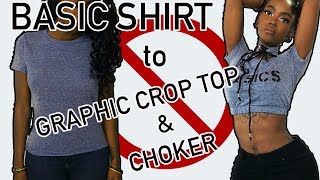 Thrift Flip DIY Basic Tshirt to Easy Elastic Waist Crop Top and No Sew Choker [upl. by Boris]