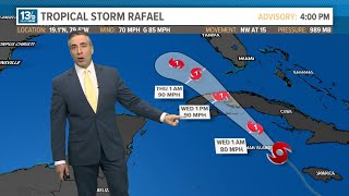 TRACKING THE TROPICS Tropical Storm Rafael nearing hurricane strength [upl. by Atiluj]