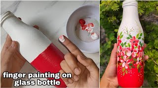 Beautiful red and white glass bottle painting idea Easy glass bottle painting technique with finger [upl. by Siegel]