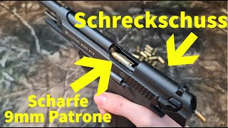 Scharfe 9mm Patrone in 9mm Schreckschuss Pistole laden und schießen ist das möglich [upl. by Allyn]