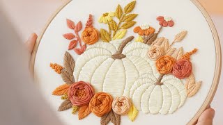 Pumpkin among the flowersEmbroidery tutorialPDF patternBeginner friendly [upl. by Tut65]