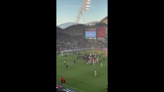 Melbourne City Goalkeeper Struck During Derby Pitch Invasion [upl. by Anilok547]