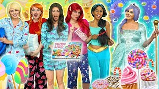 DISNEY PRINCESS PAJAMA PARTY Candyland Frozen Elsa and Anna Belle Ariel Jasmine and Maleficent [upl. by Ahsertal]