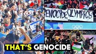 Palestine fans hold quotGenocide Olympics” banner vs Israel fans in stadium  Football News [upl. by Mabel]