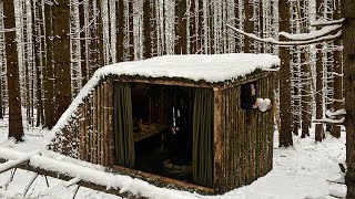 Moss roof Cabin under Snowstorm Woods │ SAMOVAR │Winter Bushcraft Camp [upl. by Aikemehs]