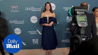 Mandy Moore in off the shoulder dress on THR carpet [upl. by Recor]