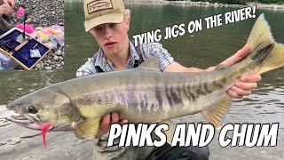 Tying Twitching Jigs at the River for Pinks and Chum  Kitimat River BC [upl. by Neliak]