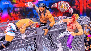 CM Punk vs Roman Reigns vs Cody Rhodes  Barbed Wire Steel Cage Action Figure Match [upl. by Limak883]