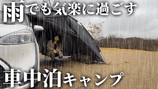 雨キャンプでも気楽に過ごせる方法【車中泊キャンプ女子・カーサイドタープ】 [upl. by Eiruam]