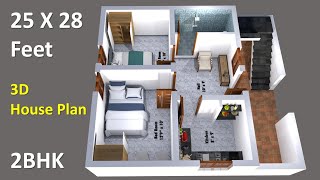 25 x 28 feet house plan amp 3d elevation  25 x 28 ghar ka naksha  2 bedroom house design  Plan 11 [upl. by Riamo]