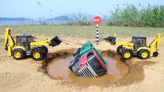 Accident Scania Tipper Biggest Pit Pulling Out Two JCB  HMT Tractor  Tata Dumper  Cartoon  CSToy [upl. by Alyl]