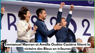 Emmanuel Macron et Amélie OudéaCastéra fêtent la victoire des Bleus en tribunes [upl. by Eiuqcaj163]