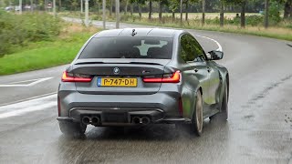 BMW M3 G80 Competition with Akrapovic Exhaust  Accelerations Revs Poweslides in RAIN [upl. by Eitsyrk748]