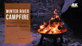 🔥 Snowy Winter amp River Campfire with Crackling Fire Sounds amp Relaxation Water Sounds 4K video [upl. by Hanover]