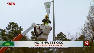 OGampE Crews Hang Banners Throughout Course For OKC Memorial Marathon [upl. by Hallagan]