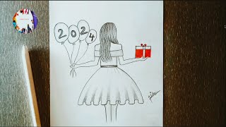 New Year Drawing 2024  Happy New Year Drawing  New Year Drawing [upl. by Eddana794]