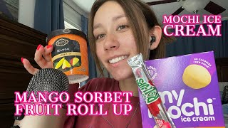 ASMR  eating mango sorbet fruit roll up  eating mochi ice cream [upl. by Stevana375]