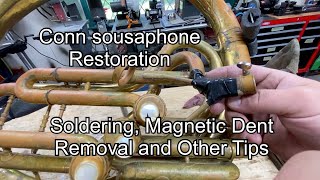 Conn Sousaphone Restoration soldering Magnetic Dent tools and other tips band instrument repair [upl. by Eissak]