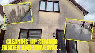 CLEANING AWAY YEARS OF STAINING ON THESE RENDERED WALLS AND DRIVEWAY SHORT VIDEO [upl. by Gretna]