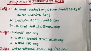 Important days of July  July month dates and days  July current affairs  important days in July [upl. by Shelton]