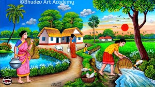 Beautiful Village Landscape Scenery Painting Indian Village Scenery Painting With EarthWatercolor [upl. by Hannasus]