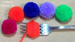 Super Easy Pom Pom Making Ideas with Fork  Hand Embroidery Amazing Trick Easy Woolen Flower Making [upl. by Alysoun670]