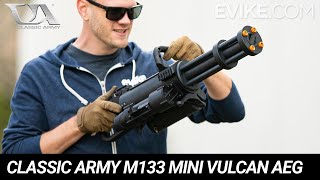 Classic Army M133 Mini Vulcan Rotating MultiBarrel Airsoft Minigun AEG Review [upl. by Marietta]