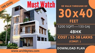 30x40 Feet Modern House Design 3D 4 Bedrooms 4 Bathrooms 3 Floors Terrace Garden  1200 Sqft [upl. by Gregorio]