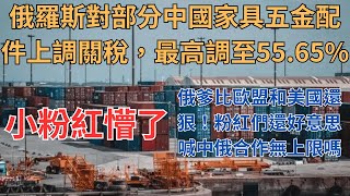 小粉紅懵了，俄羅斯對部分中國家具五金配件上調關稅，最高調至5565，比歐盟和美國還狠！粉紅們還好意思喊中俄合作無上限嗎？ [upl. by Aikyn708]