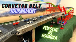 DIECAST CARS RACING  CONVEYOR BELT RACE SUPER TOURNAMENT  day 1 [upl. by Bremser]