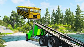 Flatbed Trailer Truck Potholes Transport Car Rescue  Cars vs Deep Water  BeamNGdrive [upl. by Eniffit]