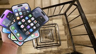 Dropping a Stack of 7 iPhone 14 Pros Down Crazy Spiral Staircase 300 Feet  Will They Survive [upl. by Ennirac]