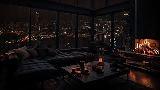 Habitación cálida junto a la luz ciudad bajo la lluvia 🌧️ Escuchando la lluvia nocturna romántica 🛌 [upl. by Nosyrb]