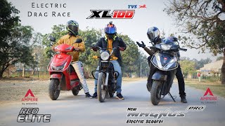 TVS XL 100 Vs Ampere Magnus Pro Vs Ampere Elite  Electric Scooty Drag Race  UP65 Racers [upl. by Kizzee]