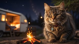 Relaxing Camping Ambiance  Camping with Cats Campfire Crackling Fire Crickets Sound For Sleep [upl. by Aiel]